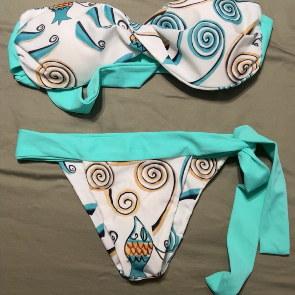 Turquoise & White Swirl Print Bikini Set